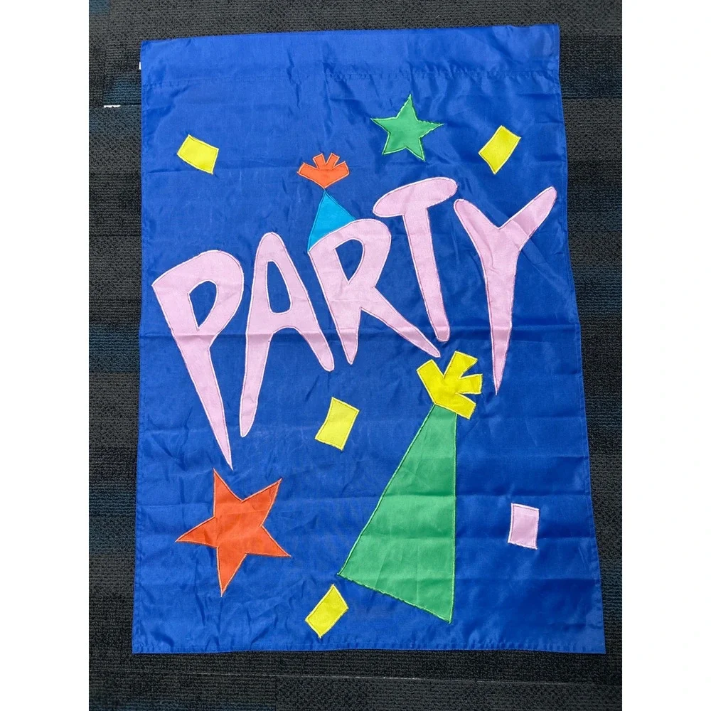 Birthday Party Garden Yard Flag Blue Applique Stars Hat 40x28 Vtg 90s Banner